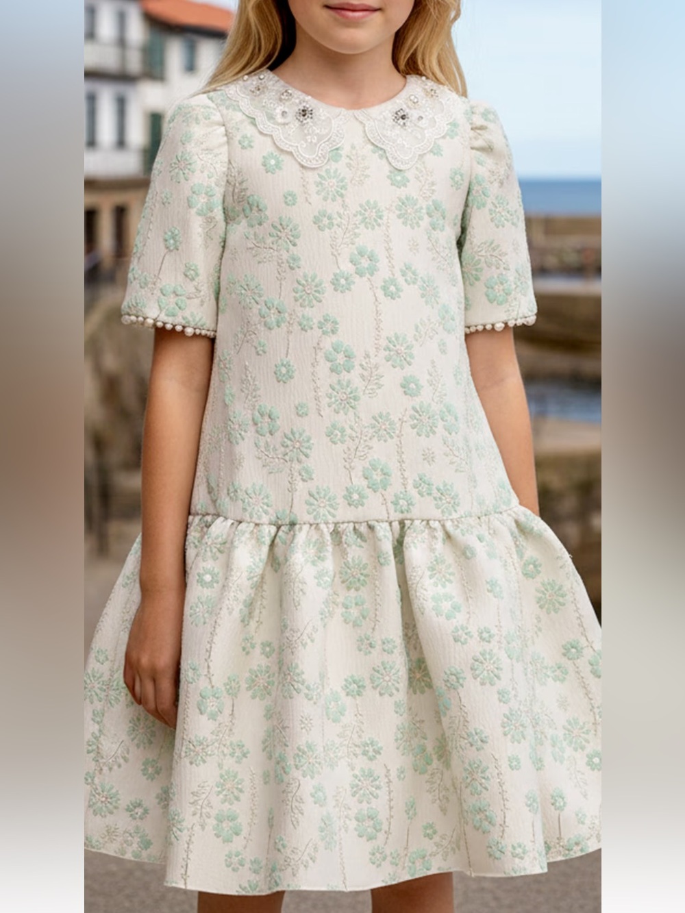 Girls' Cream Dress with Mint Floral Embroidery
